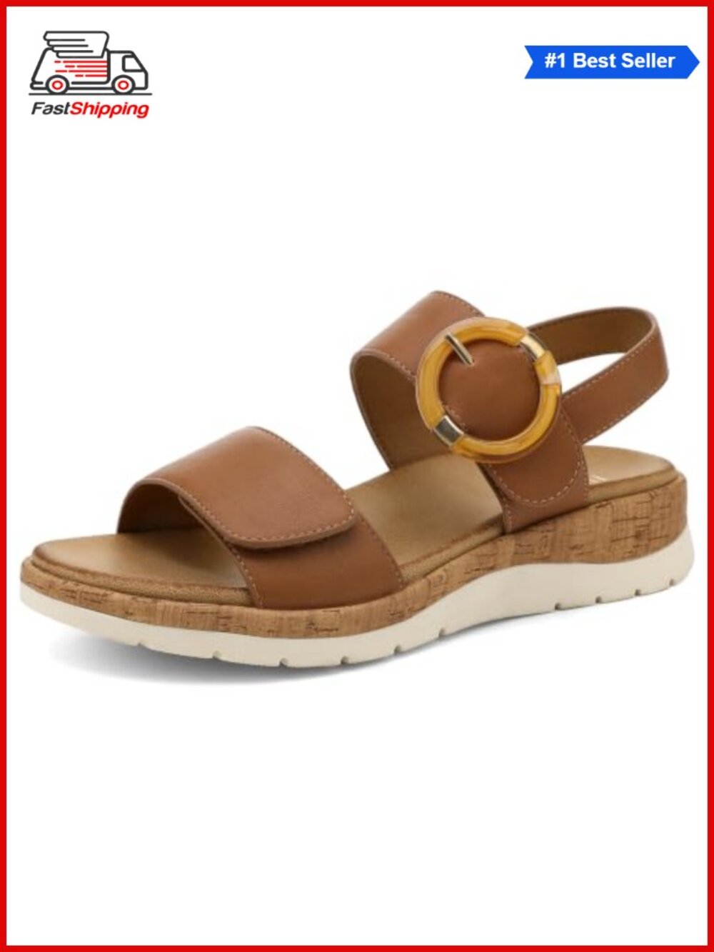 Womens Low Wedge Walking Sandals Faux Leather Arch Support Adjustable